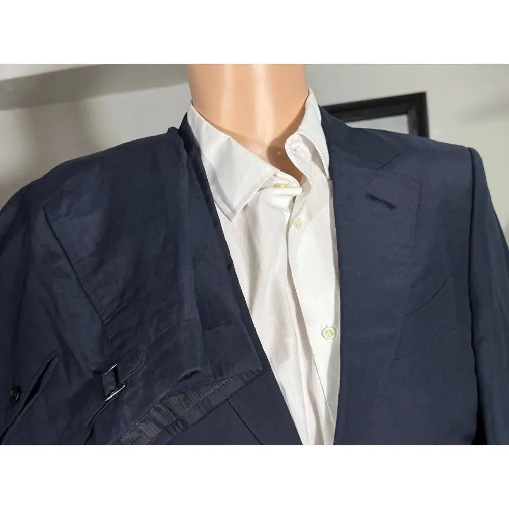 Tom Ford Navy Blue Linen Silk 2Pc Suit 38R US Notch Lapel 32x28.5 Pants O'connor